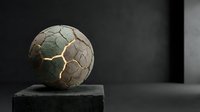 Cracked stone sphere with golden veins on concrete pedestal against dark background. Suitable for abstract art, design projects, and contemporary interior decor.