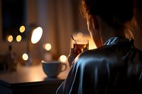 Young woman holding hot beverage in glass cup during evening hours, with soft bokeh lights and cozy atmosphere creating peaceful mood for relaxation and mindfulness.
