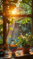 Sunlit window sill with vintage teacup and potted plants, golden morning light streaming through climbing vines creates cozy atmospheric garden scene.