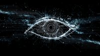 Digital eye with circuit patterns and glowing particles on dark background for technology, artificial intelligence, cybersecurity and futuristic design concepts.