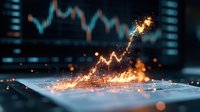 Glowing fiery graph line rising dramatically from digital screen with sparks and particles, symbolizing financial growth and market success on dark background.