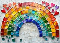 Vibrant mosaic rainbow made of colorful glass tiles with red hearts on top, arranged on white background. Creative art piece combining geometric shapes and romantic elements.