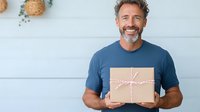 Mature Caucasian man with gray hair and beard wearing blue t-shirt holds wrapped kraft paper gift box with string bow against light wall, genuine smile.