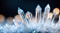 Crystal quartz points emerging from white crystalline base with soft bokeh lights in background, macro photography showing natural mineral formation details.