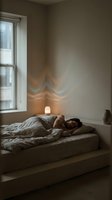 Young woman sleeping peacefully in minimalist bedroom with soft natural light and warm lamp creating cozy morning atmosphere.