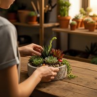 Woman arranging colorful succulent plants in decorative pot on wooden table in cozy indoor garden space with warm natural lighting for home decor projects.