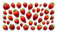Fresh ripe strawberries collection isolated on white background. Organic red berries with green leaves arranged in rows for healthy food design.