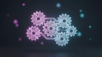 Interconnected pink and blue glowing gears on dark background, representing teamwork, technology, and system integration for business and industrial design projects.