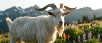 White goat with long horns standing in wildflower meadow with mountains in background, suitable for agriculture, nature and livestock photography projects.