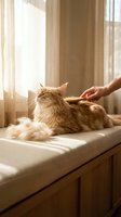 Orange tabby cat being brushed by owner hand on window seat with fur scattered around in warm sunlight for pet grooming and care concept.