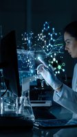 Female scientist analyzing molecular structures with digital holographic display in modern laboratory for research and development applications.