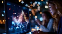 Young blonde woman looking at glowing Christmas tree visualization on computer screen with bokeh lights in dark office environment. Holiday season data analysis.