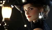 Young woman in vintage black dress and hat with dramatic lighting, pearl earrings and red lipstick against blurred bokeh lights background, elegant retro style portrait.