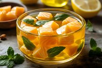 Fresh orange jelly dessert with mint leaves and citrus pieces in glass bowl on dark background, close up view of sweet summer treat.