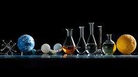 Scientific composition with glass laboratory flasks, molecular model, Earth and Moon globes arranged in row on dark background with dramatic lighting.