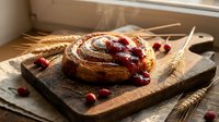 Freshly baked cinnamon roll with glossy berry jam topping on rustic wooden board, warm morning light streaming through window creating cozy bakery atmosphere.