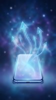 Smartphone with glowing neon arrows rising from screen against blue digital background, representing growth, success, and technology advancement for business applications.