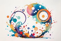 Vibrant watercolor yin yang symbol with dynamic splashes and swirls in purple, orange, and turquoise. Abstract fluid art composition with energetic paint splatters and dots.