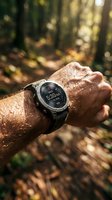 Male runner wearing digital sports watch on wrist during outdoor forest trail run at sunrise, displaying fitness tracker data and athletic performance monitoring for endurance training.