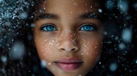 Close up portrait of young mixed race woman with striking blue eyes and glowing skin in falling snow, magical winter atmosphere captured against dark background.