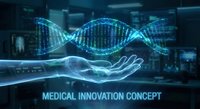 Futuristic DNA double helix hologram floating above open palm in high-tech laboratory environment showcasing genetic research and biotechnology advancement.