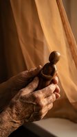 Senior person with wrinkled hands holding wooden carved figurine against warm draped fabric backdrop, symbolizing heritage, craftsmanship, and wisdom.