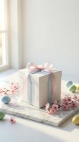 Elegant gift box with pink ribbon on marble surface surrounded by spring cherry blossoms and pastel Easter eggs in soft natural light for celebrations.