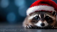 Adorable raccoon wearing red Santa hat peeking from bottom of frame against dark blue bokeh background, creating festive holiday mood for seasonal designs.