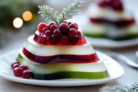 Layered holiday dessert with cranberries and cream, decorated with fresh berries and pine sprig on white plate, festive bokeh background.