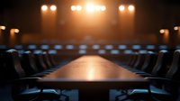 Empty corporate boardroom with dramatic lighting, long wooden conference table and leather chairs in dark moody atmosphere. Professional business setting at night.