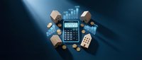 Financial calculator surrounded by miniature cardboard boxes and shopping bags with growth charts for e-commerce business planning and logistics cost analysis.