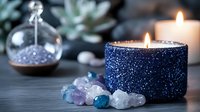 Glittering navy blue candle with burning flame surrounded by healing crystals and decorative glass dome on dark wooden surface. Spiritual wellness concept.