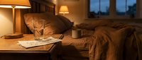 Cozy bedroom at night with warm lamp light, a handwritten note and glass of water on a wooden nightstand, mug on bed, calm atmosphere.
