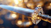 Decorative sword handle with ornate crystal and gold details against blurred golden bokeh background, showcasing luxury craftsmanship and medieval weaponry artistry.