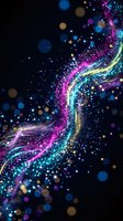 Vibrant flowing particle stream with glowing bokeh lights on dark background for digital art, technology presentations and creative design projects.