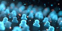 Glowing blue digital avatars floating in dark cyberspace with bokeh light effects, representing online community or social network users.