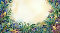 Ornamental floral frame with peacock feathers and decorative botanical elements in vibrant blues, greens, and golds on cream background, ideal for invitations and design projects.