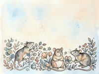 Three cute watercolor mice among folk art flowers and stars on a soft pastel background with copy space for cards and prints.
