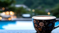 Ornate black floral cup filled with fresh cappuccino on poolside ledge, blurred swimming pool and bokeh lights create serene morning atmosphere. Perfect for cafe marketing.