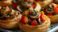Savory puff pastry vol-au-vents filled with mushroom and red pepper mixture garnished with fresh herbs, served as elegant appetizers.