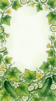 Cucumber vine border frame with yellow flowers and green leaves on cream background, isolated and ready for menu design, recipe cards, kitchen decor, and culinary marketing materials.
