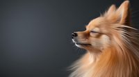 Serene Pomeranian dog with closed eyes and fluffy ginger fur against dark background, side view portrait showing peaceful expression and soft coat texture.