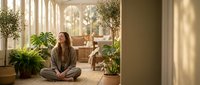 Young woman meditating in sunlit modern living room with plants. Peaceful morning yoga practice at home. Mindfulness and wellness lifestyle concept.