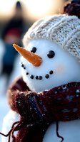 Close-up portrait of cheerful snowman with carrot nose, coal smile, knitted beanie hat and burgundy scarf against blurred winter background.