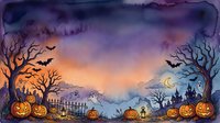 Halloween watercolor landscape with pumpkins, bare trees, bats and spooky cemetery under purple twilight sky for seasonal decorations and greeting cards.