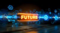 Glowing futuristic technology concept with illuminated "FUTURE" text in orange surrounded by blue digital hexagonal elements on dark background.