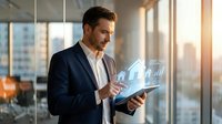 Professional businessman using digital tablet with holographic data visualization in modern office environment for business analytics and technology solutions.
