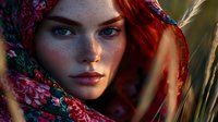 Young woman with vibrant red hair and freckles wearing floral headscarf, captured in warm golden sunlight with dramatic close-up portrait showing intense blue eyes.