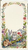 Watercolor floral frame with cute mice, flowers, berries and leaves, blank space for text, greeting card or invitation design.