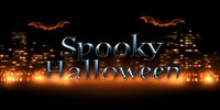 Glowing Halloween text with flying bats against dark cityscape silhouette illuminated by orange lights creates mysterious holiday atmosphere.